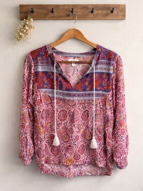 Lucky Brand Pink Paisley Tassel Tunic